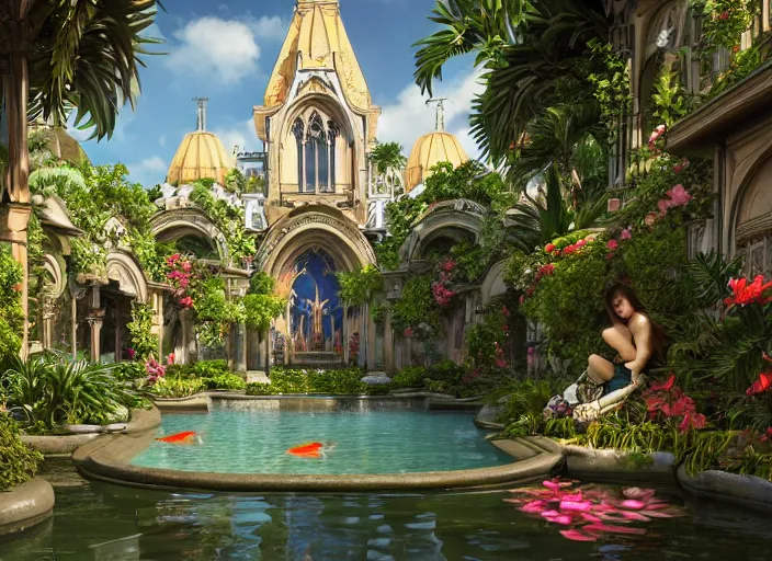 Prompt: ultra realistic, artstation, concept art, by artgerm and greg rutkowski and alphonse mucha and wlop cathedral interior with koi pond in the middle surrounded by palm trees, ivy, flowers, tropical plants, roses, and with archways. rendered in octane render with photorealistic lighting