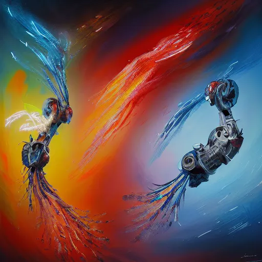 Prompt: two Artificial Intelligence fighting with brushes on a canvas to create the most beautiful painting ever, oil painting, digital art, trending on artstation, highly detailed, 8k, luminous, biomechanical