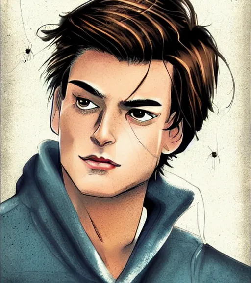 Image similar to very handsome peter parker with his spider suit around his waist, looking seductive, digital art