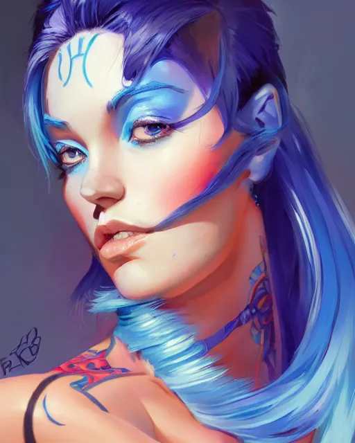 Image similar to beautiful female blue hair tattoo symmetrical face eyes full length fantasy art Video game icon, 2d game art gta5 cover , official fanart behance hd artstation by Jesper Ejsing, by RHADS, Makoto Shinkai and Lois van baarle, ilya kuvshinov, rossdraws