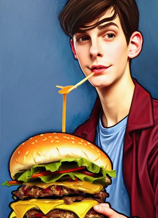 Image similar to oil painting, teenage jughead jones, wears a light grey crown, and devours a hamburger, intricate, elegant, highly detailed, pinocchio nose, lighting, painting, artstation, smooth, illustration, art by greg rutowski and alphonse mucha