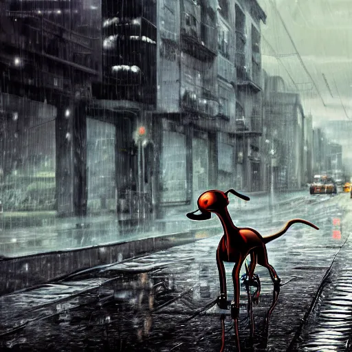 Prompt: robot greyhound in rainy post-apocalyptic city street , digital art, trending on artstation,