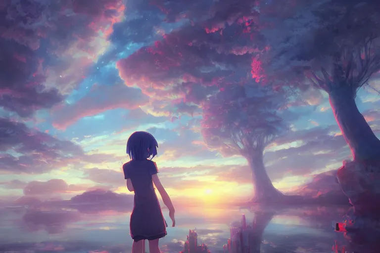 Image similar to a surreal, beautiful alternate dimension | | digital painting by makoto shinkai and alex rommel, trending on artstation