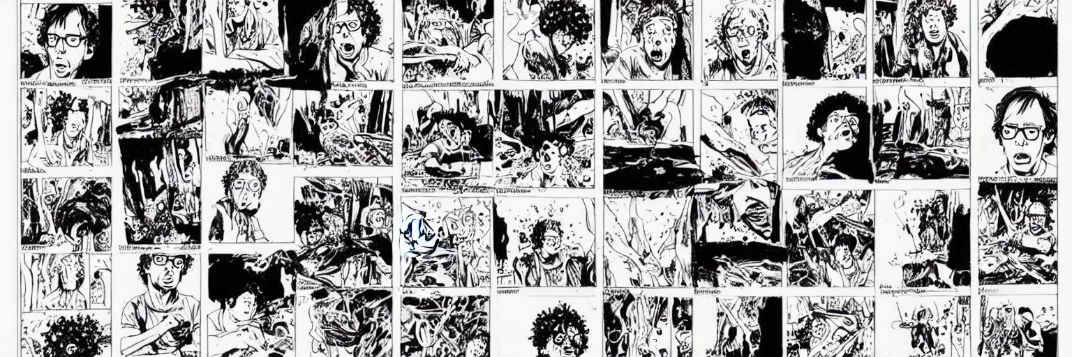 Image similar to character study of todd solondz tripping on mushrooms and becoming god | vivid colors : storyboard, graphic novel, adult comics, dramatic and emotional, concept design, realistic. by gabriel hardman, joe alves, j. todd anderson, chris bonura. cinematic atmosphere, detailed and intricate, perfect anatomy