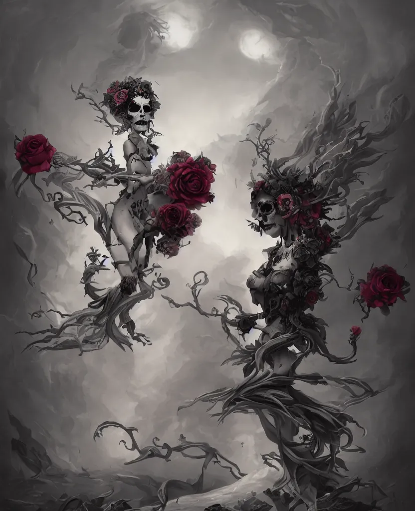 Prompt: a chaotic goddess of death skull black rose s day of the dead atmospheric, dramatic, concept art by Peter Mohrbacher hyperrealist, cinema4D, 8k highly detailed ❤️‍🔥 🔥 💀 🤖 🚀