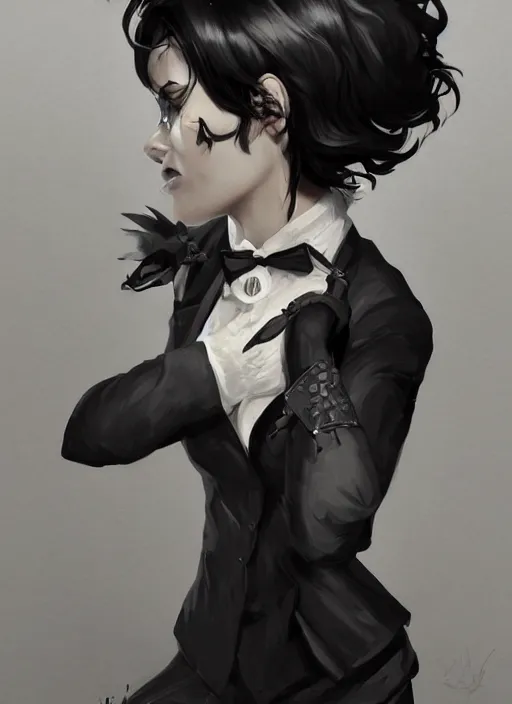 Image similar to a highly detailed illustration of beautiful short black messy haired woman wearing eyepatch and noir style suit and tie, dramatic smiling pose, intricate, elegant, highly detailed, centered, digital painting, artstation, concept art, smooth, sharp focus, league of legends concept art, WLOP