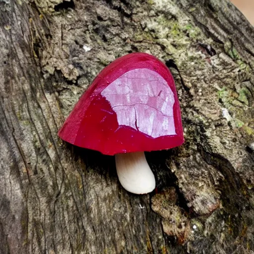 Prompt: a cut ruby gemstone mushroom, shiny, in the forest, high detail