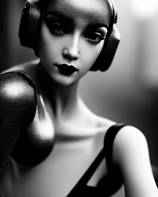 Image similar to black and white dreamy young beautiful female artificial intelligence, metropolis, cinematic, rim light, bokeh, photo - realistic, elegant, high detail, 8 k, masterpiece, photo taken in 1 9 3 0