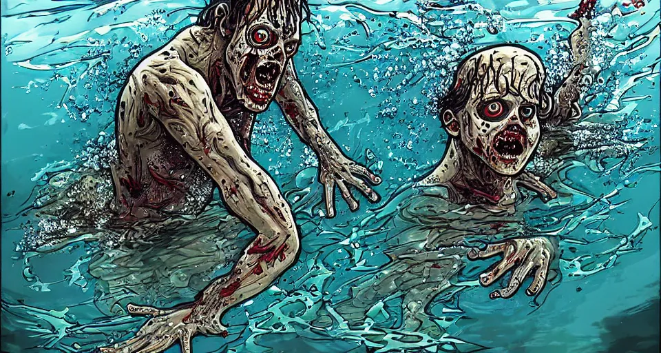 Image similar to highly detailed full body portrait of a zombie swimming underwater in a zombie - apocalypse, in a swimming pool, style tony moore walking dead