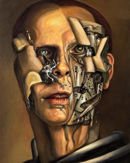 Image similar to sweet interesting portrait of a scared cyborg man, oil painting. HD