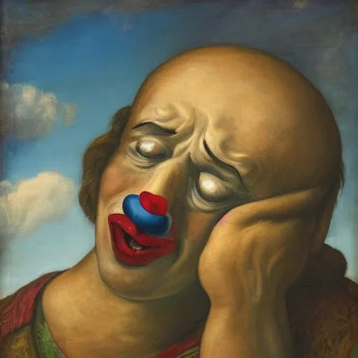 Prompt: A portrait of a crying clown with clouds on the background