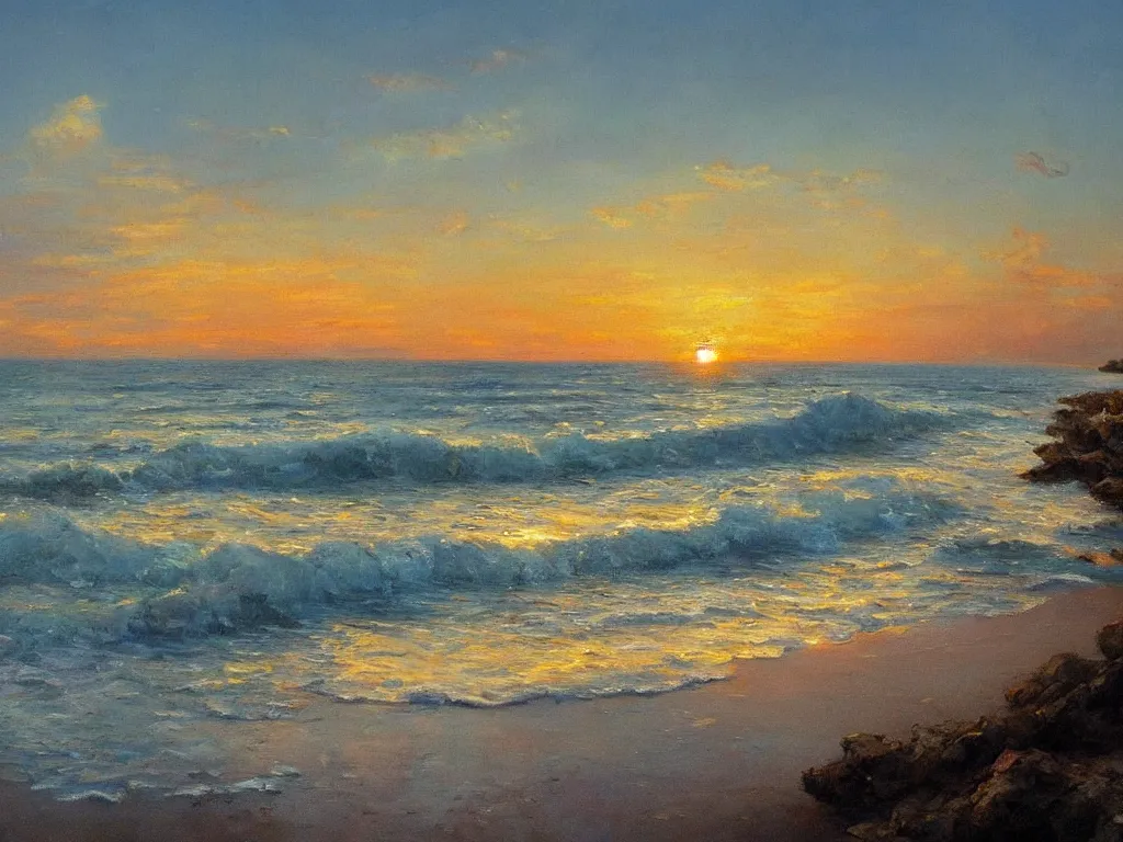 Prompt: a beautiful masterpiece painting of a coastal beach seascape in summer at sunset by juan gimenez, award winning, trending on artstation,