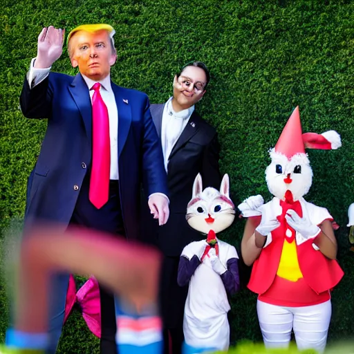 Image similar to professional photography Donald Trump cosplay as Bugs Bunny spying on children at a birthday party, high quality, good lighting,