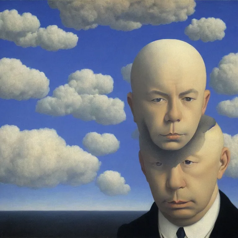 Image similar to portrait of a man whos head is made of clouds, by rene magritte, detailed painting, hd, hq, high resolution, high detail, 4 k, 8 k