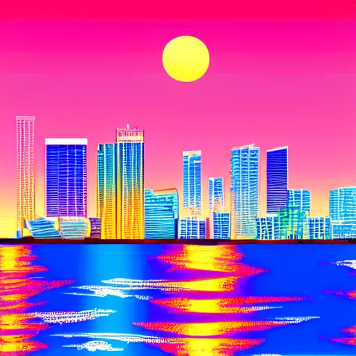 Prompt: gorgeous romantic sunset, cliffside onlooking the beautiful city of miami, warm colors, tropical, in the style of hiroshi nagai, very detailed, tropical, 8 0 s