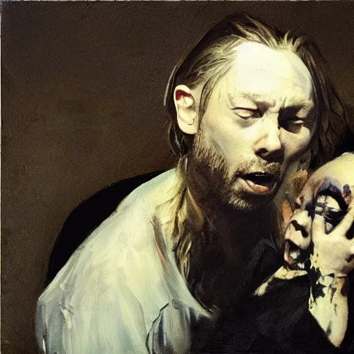 Image similar to thom yorke from radiohead devours his son, goya painting