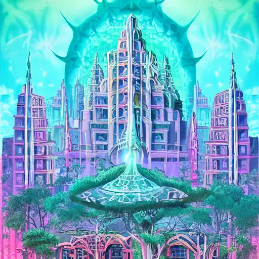 Image similar to mystical realistic poster with shaded lighting by arjun brooklyn radiant light, detailed and complex environment, solace, beautiful, utopic city with many buildings and temples, old growth pine trees, overlaid sacred geometry, with implied lines, gradient of hot pink and neon baby blue