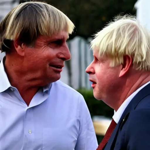 Image similar to Jair Bolsonaro on a date with Boris Johnson, wide angle, hyper realistic, paparazzi photo