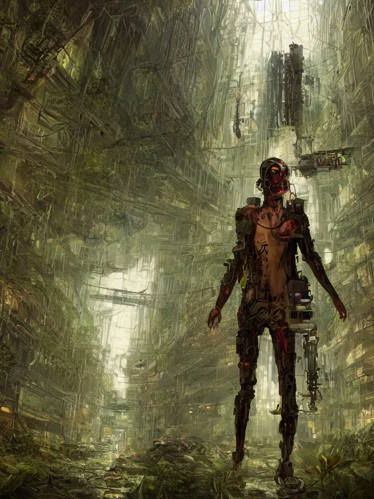 Prompt: portrait of a stranger, lost in a hall of a cyberpunk megacomplex overgrown with strange plants; portrait painting of a cyborg, symmetrical face and eyes; hyperrealistic, 4K wallpaper, highly detailed and beautiful