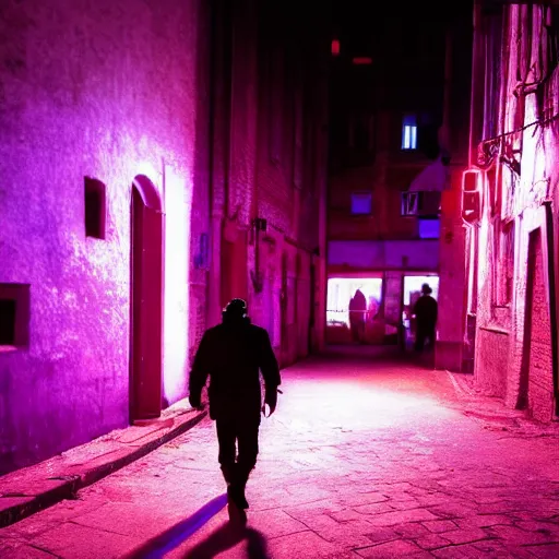 Image similar to a photo of a cyberpunk man walking in a medival village, the photo was taken from the ground looking up at the man's back, the city does not have any glowing lights, it is night time, the man has glowing neon pink and blue lights on his back, ultra high detail.