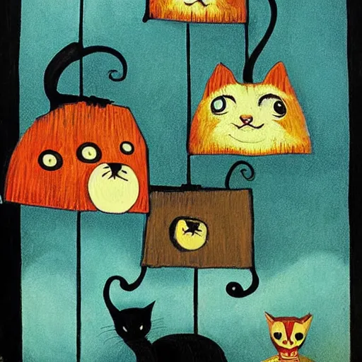 Image similar to detailed painting of cats and caterpillars at a carnival at night watching paper lanterns, in the style of eyvind earle and vincent van gogh