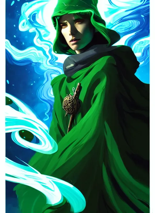 Prompt: style artgerm, joshua middleton, clint eastwood as a mage wearing green pelt robes, blue hair, swirling water cosmos, fantasy, dnd, cinematic lighting