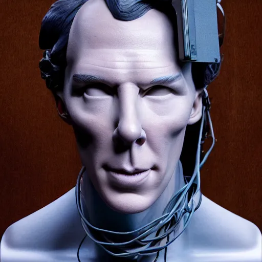 Prompt: animatronic Benedict Cumberbatch, exposed wires, photo, Stan Winston studios, detailed, 4k
