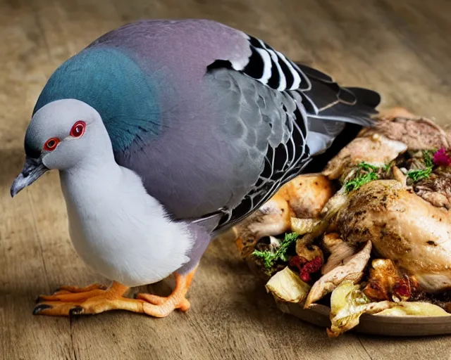 Prompt: pigeon! plus chicken! bird, body! is from pigeon!, head! is from chicken!, realistic photo