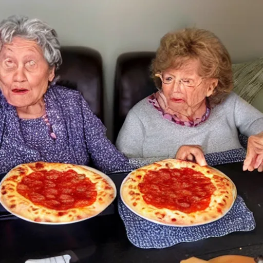 Prompt: grandmas smashing their faces together with pepperoni pizza