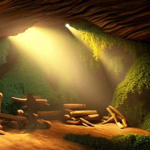 Image similar to A photorealistic wood log cave 3d music studio in with virtual people playing instruments, light rays coming out of the windows, bounce lighting, unreal engine, photorealistic