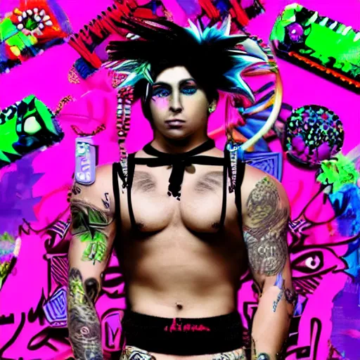 Image similar to Decora cybergoth vaporwave maximalist Zyzz