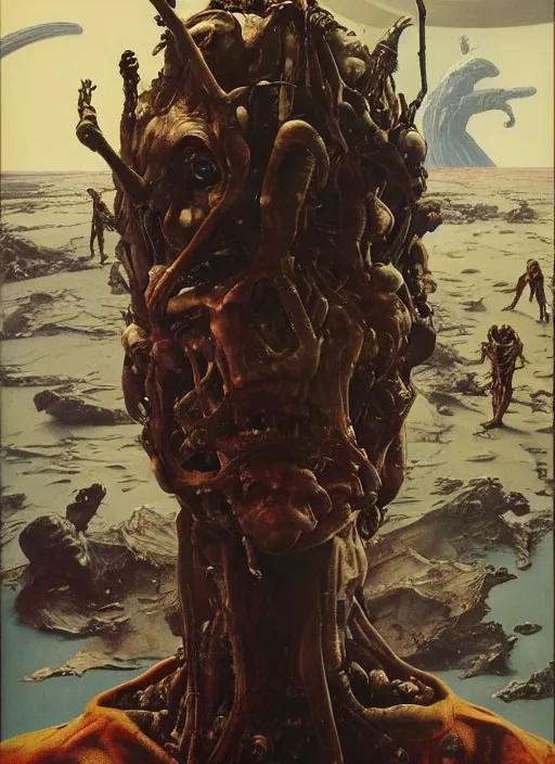 Prompt: hyper realistic end of the world by francis bacon and zdzisław beksinski and norman rockwell and greg rutkowskiweta studio, tokyo futuristic in background, and lucasfilm, still from the movie prometheus in the style of c. leyendecker, realm of the ovarian machine, horror art, the darkest hour