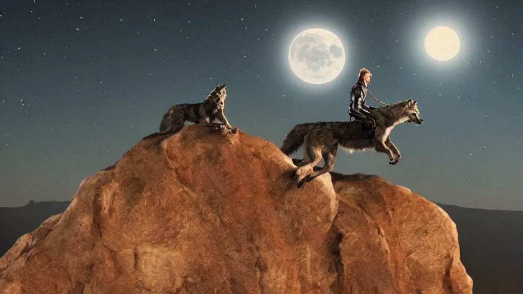 Image similar to epic cinematography of a close up of David Bowie riding a ((wolf)) at night, while on top of a large cliff with the full moon in the background