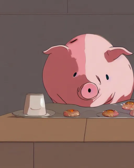 Prompt: a pig eating a pink frosted donut, full shot, visible face, ambient lighting, detailed, very modern anime style, art by hayao miyazaki, makoto shinkai