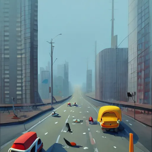 Image similar to goro fujita ilustration on the left you can see the big city, on the right you can see the forest there is a highway halfway full of cars leaving the city, painting by goro fujita, sharp focus, highly detailed, artstation