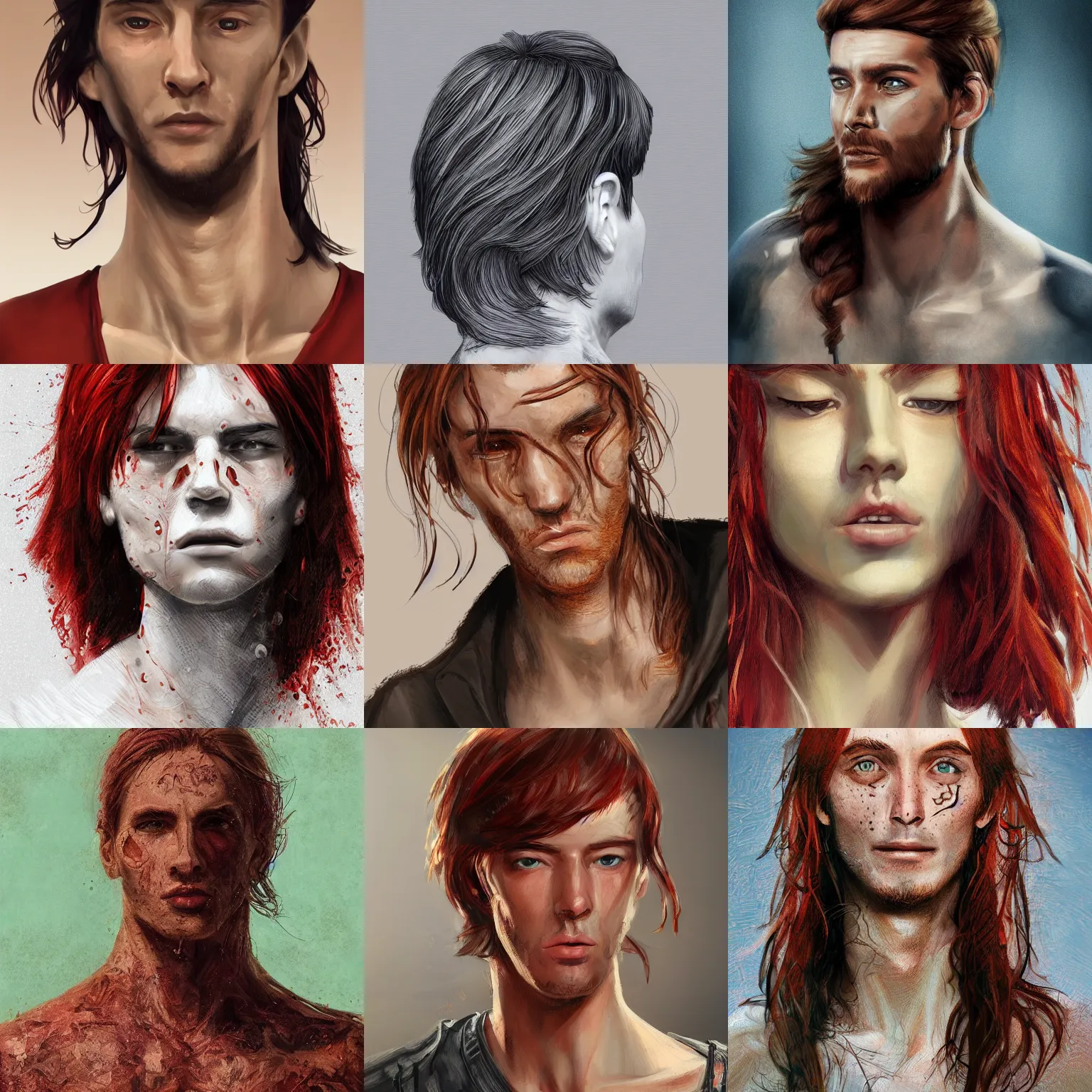 Prompt: portrait of a thin young man with long red hair, ponytail, a lot of freckles on his face, intricate, symetric, highly detailed, digital painting, artstation, sharp focus