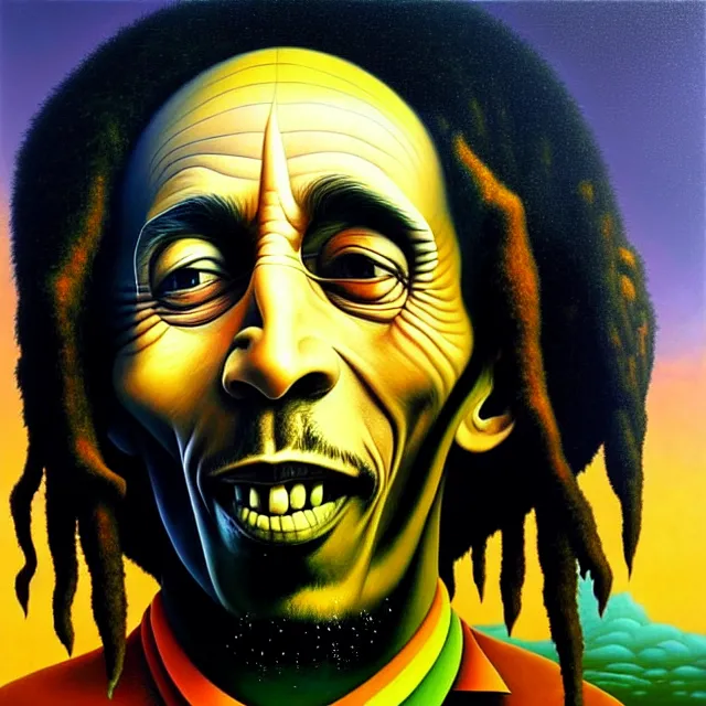 Image similar to gediminas pranckevicius an oil on canvas portrait painting of bob marley with john lennon, surrealism, surrealist, cosmic horror, rob gonsalves, high detail, hole space time warp zica