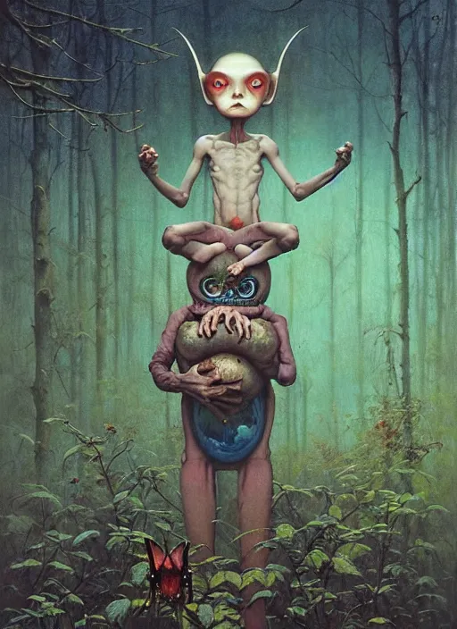 Image similar to cute alien in the woods by a river gorgeous lighting, lush forest foliage blue sky a hyper realistic painting by chiara bautista and beksinski and norman rockwell and greg rutkowski, tom bagshaw weta studio, and lucasfilm