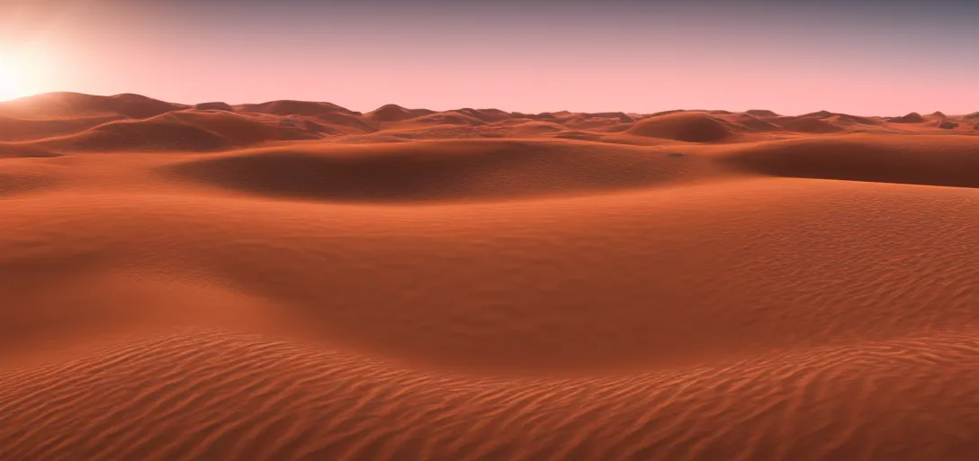 Image similar to epic view of african sand dunes at sunset, clear skies, unreal engine, dramatic lighting, detailed, ambient occlusion, global illumination, god rays, 3 d artstation render by greg rutowski and jessica rossier