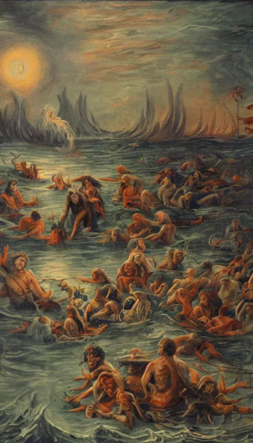 Image similar to man on boat crossing a body of water in hell with creatures in the water, sea of souls, by schizophrenia patient