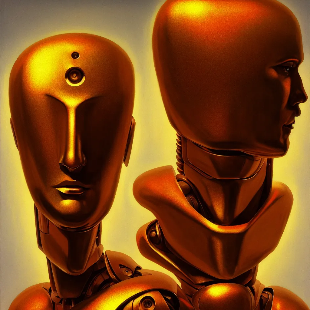 Image similar to cinematic bust portrait of psychedelic god robot from left, head and chest only, robotic improvements, part of Moebius, part of maxfield parrish, part of Thomas Ehretsmann,, oil on canvas, masterpiece, trending on artstation, cinematic composition, dramatic pose, beautiful lighting, sharp, details, hyper-detailed, volumetric lighting 4K
