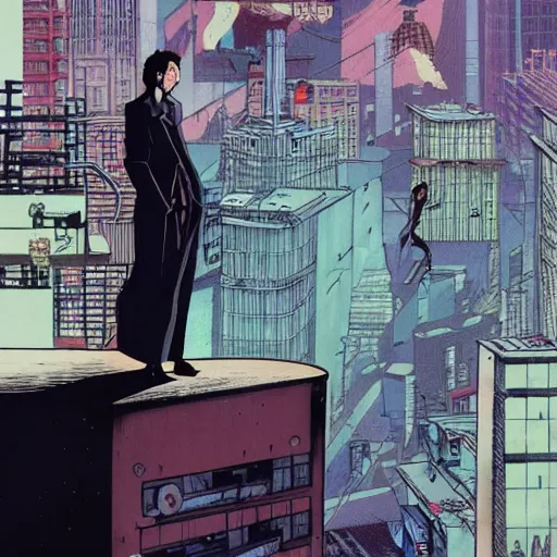 Image similar to Nic Cage sitting high atop the city on the edge of a building, cyberpunk, cel illustration, exquisitely detailed, Monkey Punch, Hayao Miyazaki, Kazuma Kaneko