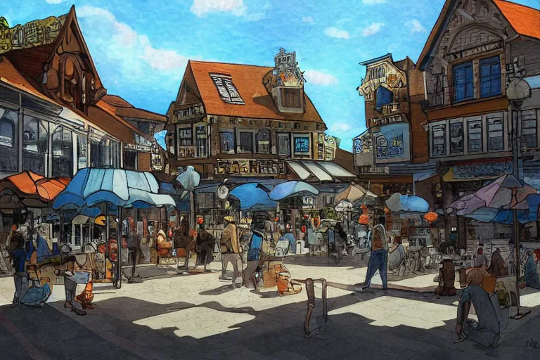 Image similar to townsquare in a sunny day, artwork by tooth wu, very coherent, dark shadow, thick lineart