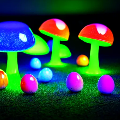 Image similar to glowing neon mushrooms and blue frogs with glowing eggs, hyper realistic