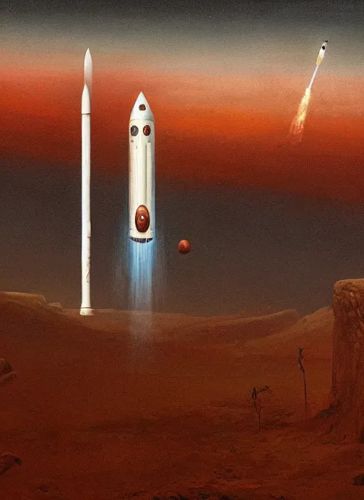 Image similar to A painting in a style of Beksinski of Mars. There is Elon Musk and a rocket. Very detailed, symmetry