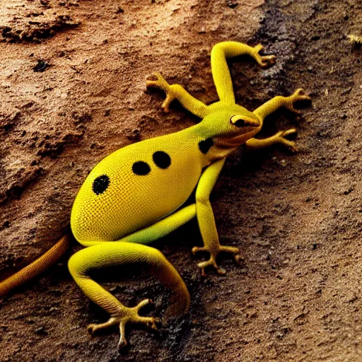 Image similar to an award winning photo of shiny golden black gecko looking at the camera, cute, nature photography, National Geographic, 4k