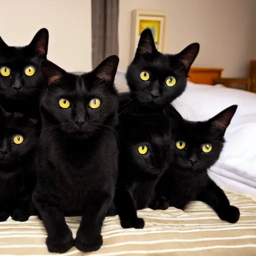 Image similar to photo of a group of black cats with large buggy yellow eyes, sitting on a bed