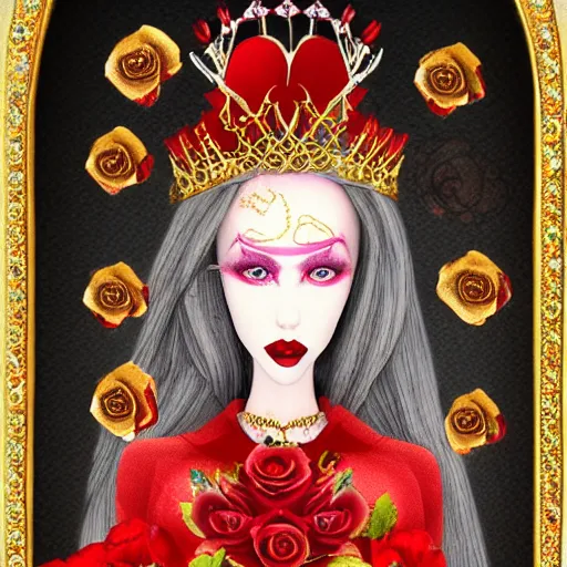 Image similar to vampire queen on treasure throne with roses and holes and gemstones