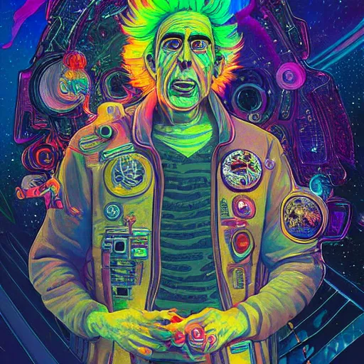 Image similar to Rick Sanchez an extremely psychedelic experience, colorful, surreal, dramatic lighting, cosmonaut, LSD, face, detailed, intricate, elegant, highly detailed, digital painting, artstation, concept art, smooth, sharp focus, illustration, art by Sam Spratt, Dan Mumford, Artem Demura and Alphonse Mucha