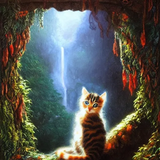 Image similar to painting of one kitten in the enchanted forest standing on the steps and watching the waterfall, fantasy, intricate, extremely detailed, face enhance, matte, featured in artstation, art by louis wain, greg rutkowski